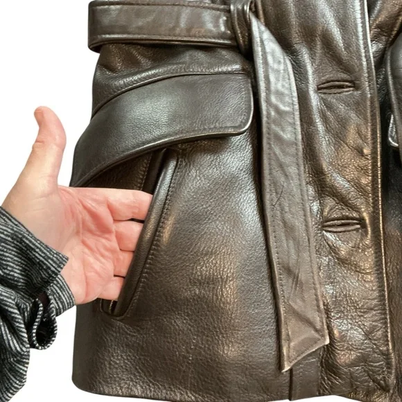 Vintage TW Tannery West Womens Med Black Lined Leather Belted Jacket Hipster Y2K - Picture 7 of 14